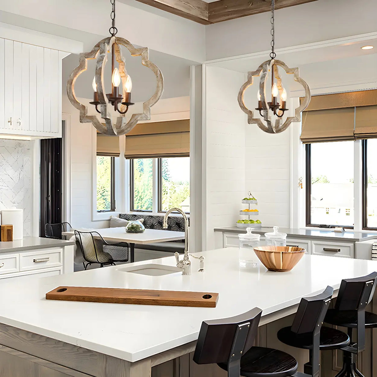 White Wood Small Candle Geometric Foyer Chandelier Image - 1