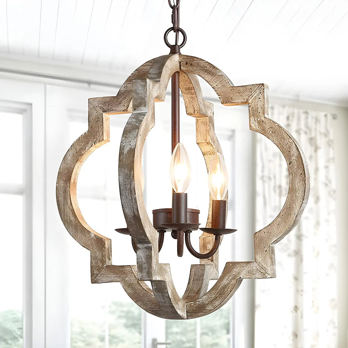 White Wood Small Candle Geometric Foyer Chandelier Image - 2