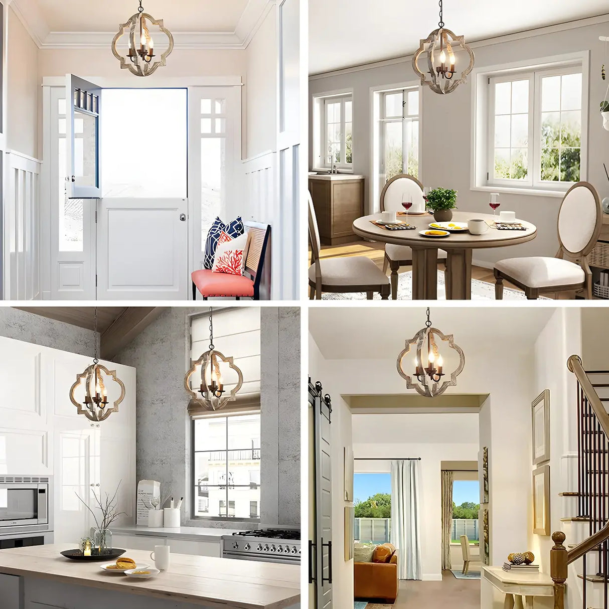 White Wood Small Candle Geometric Foyer Chandelier Image - 3