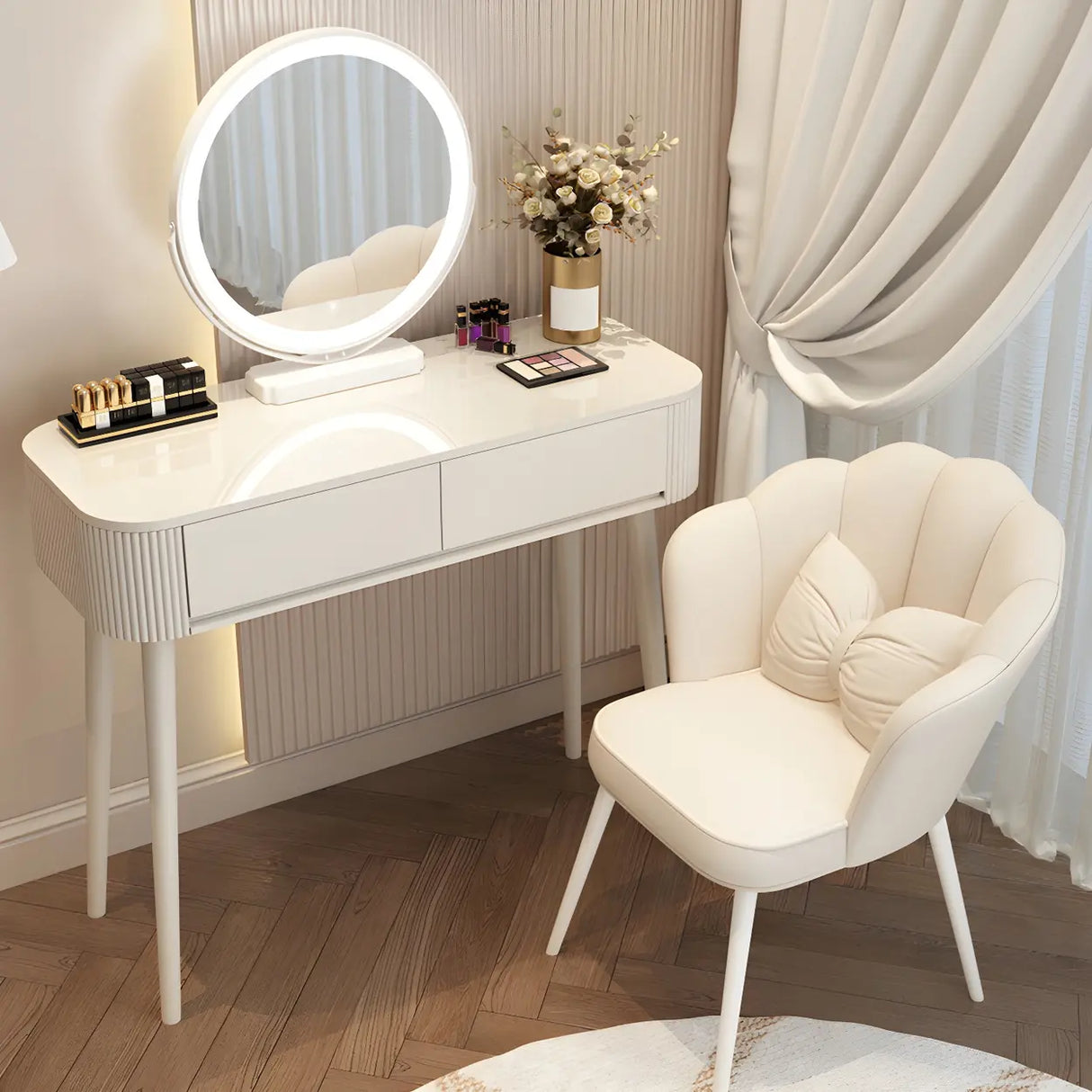 White Wood Standard Width Makeup Vanity with Drawers Image - 1