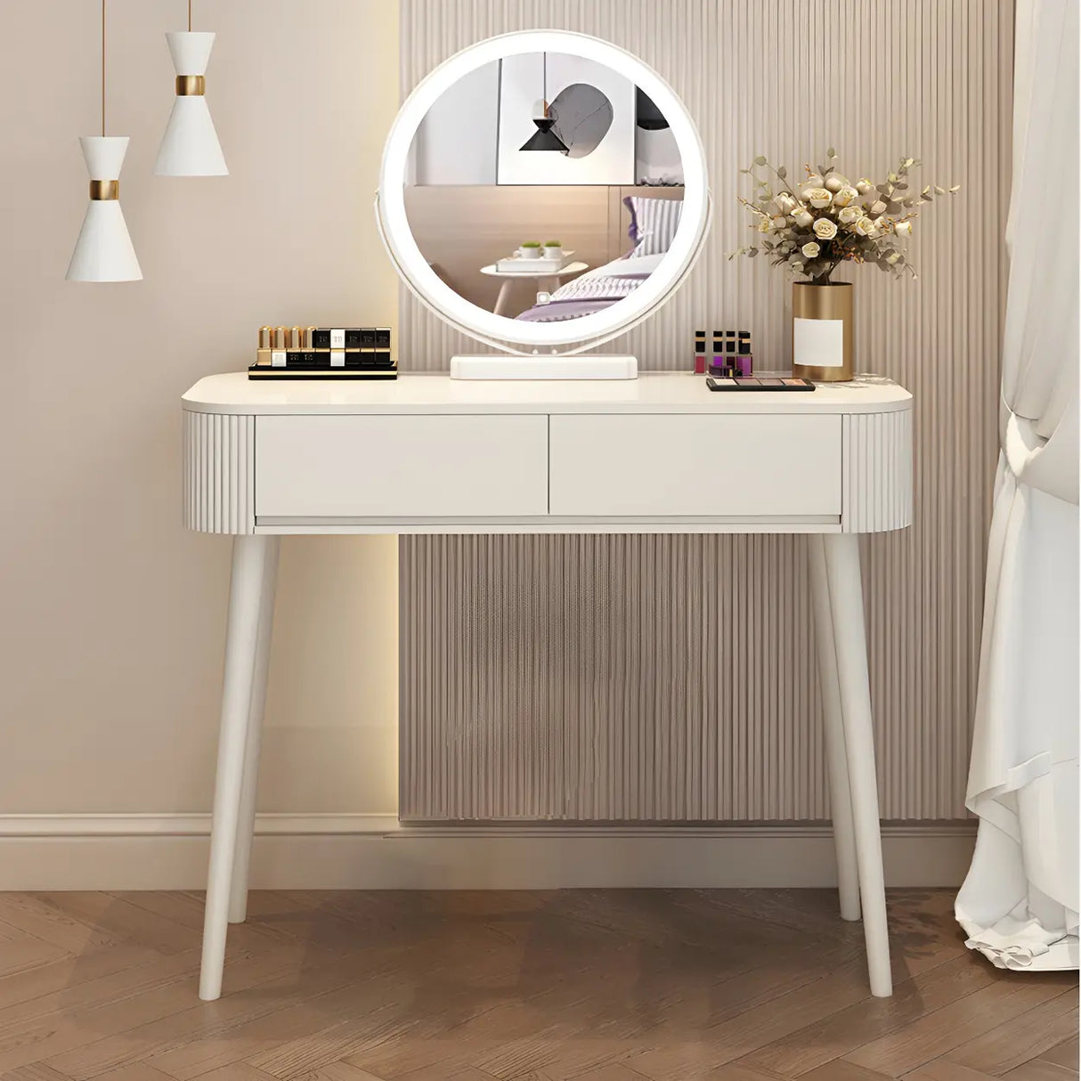 White Wood Standard Width Makeup Vanity with Drawers Image - 3