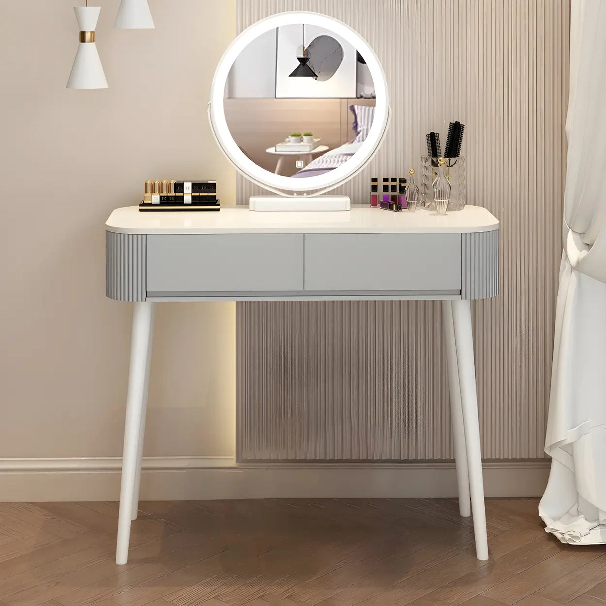 White Wood Standard Width Makeup Vanity with Drawers Image - 4