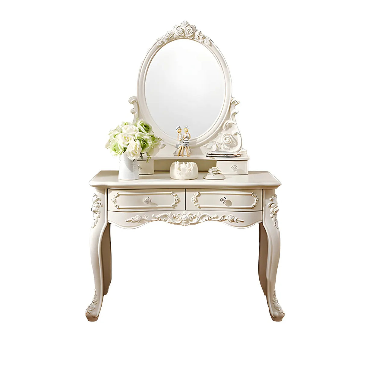 White Wood Standing Makeup Vanity with Drawers Mirror Image - 12