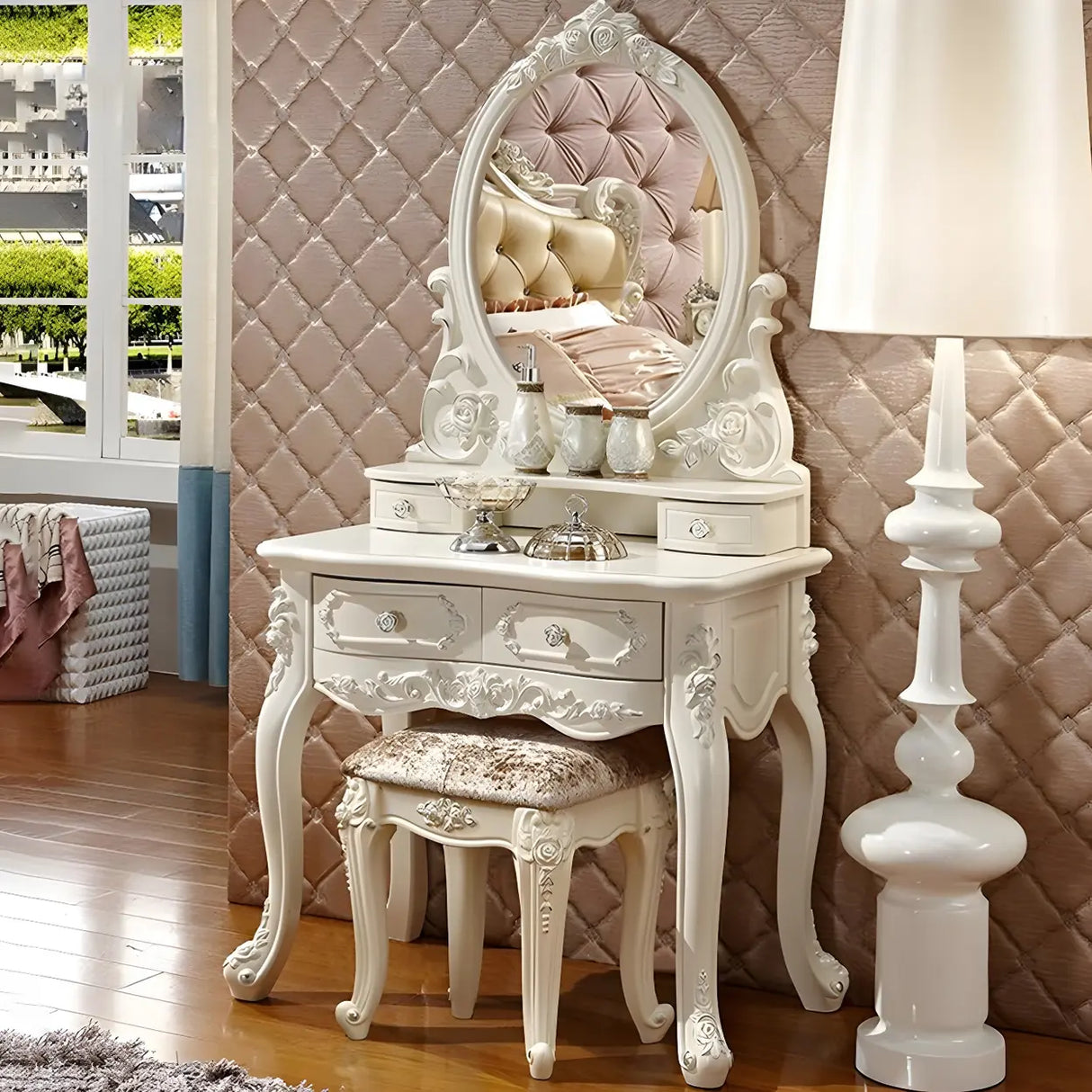 White Wood Standing Makeup Vanity with Drawers Mirror Image - 4