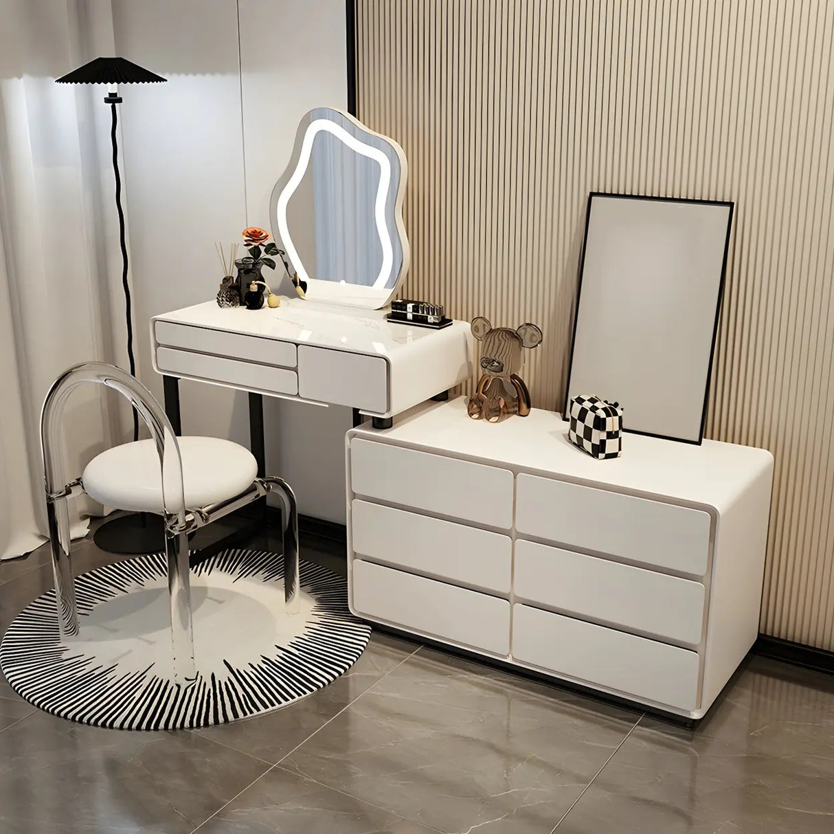 White Wood Stone Makeup Vanity with Drawers and Seat Image - 1