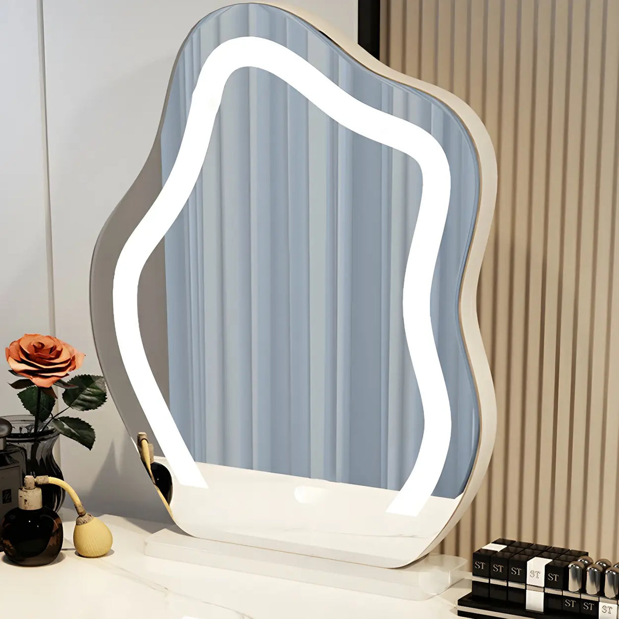 White Wood Stone Makeup Vanity with Drawers and Seat Image - 10