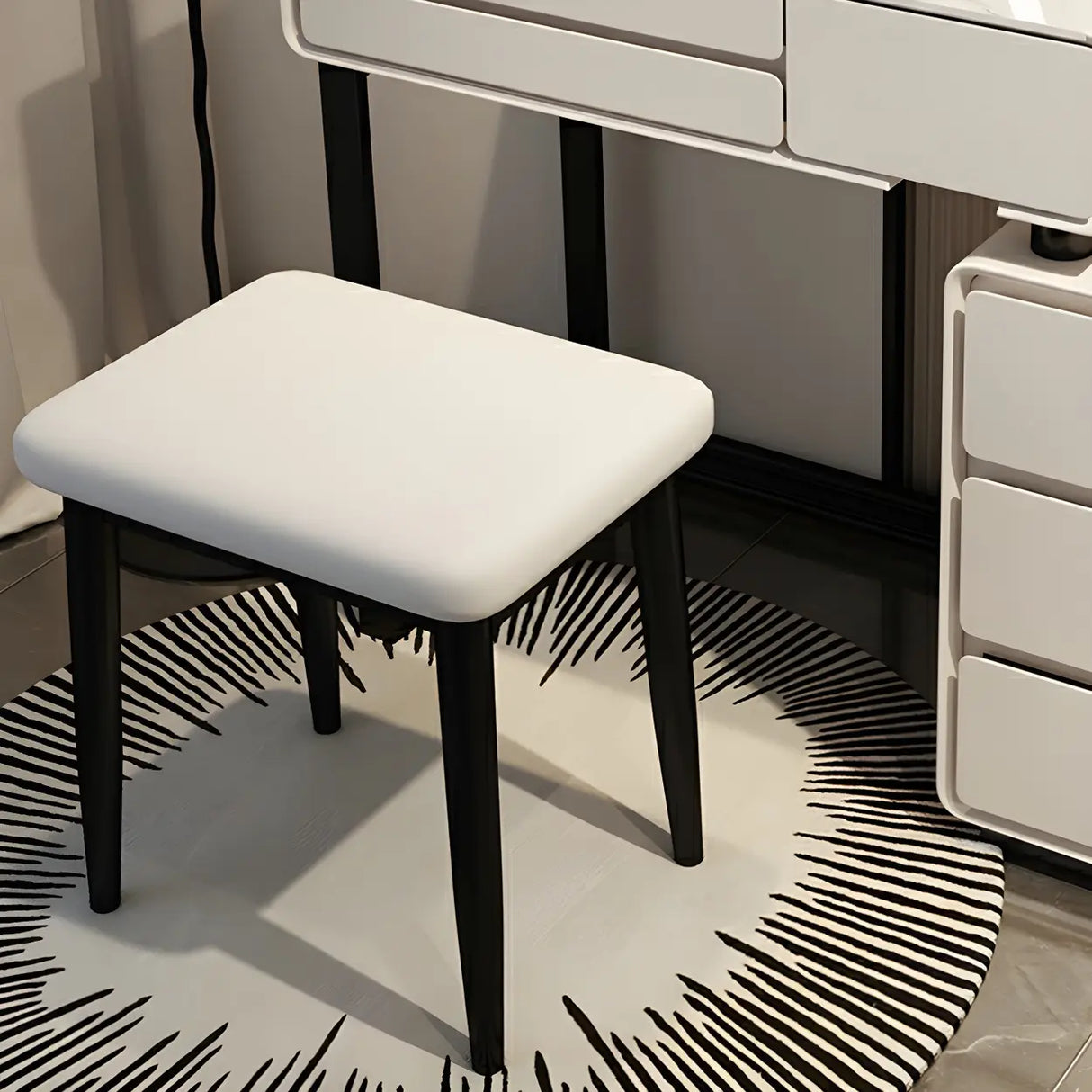 White Wood Stone Makeup Vanity with Drawers and Seat Image - 11