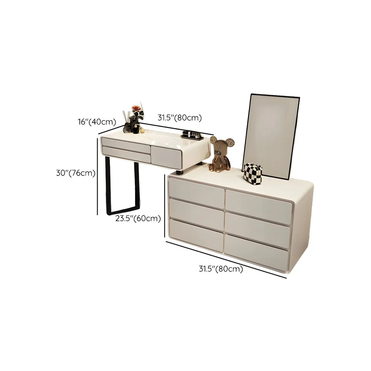 White Wood Stone Makeup Vanity with Drawers and Seat