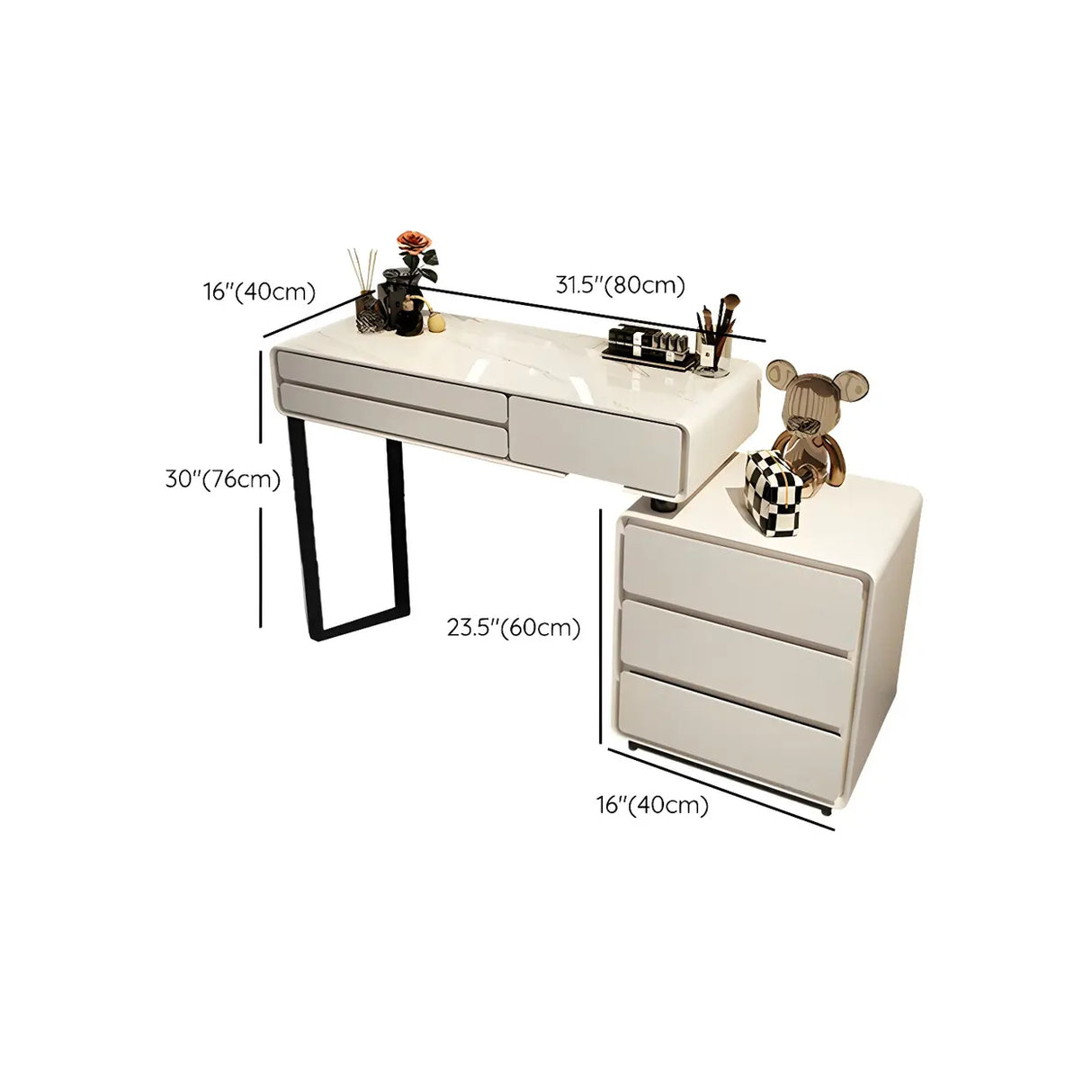 White Wood Stone Makeup Vanity with Drawers and Seat Image - 16