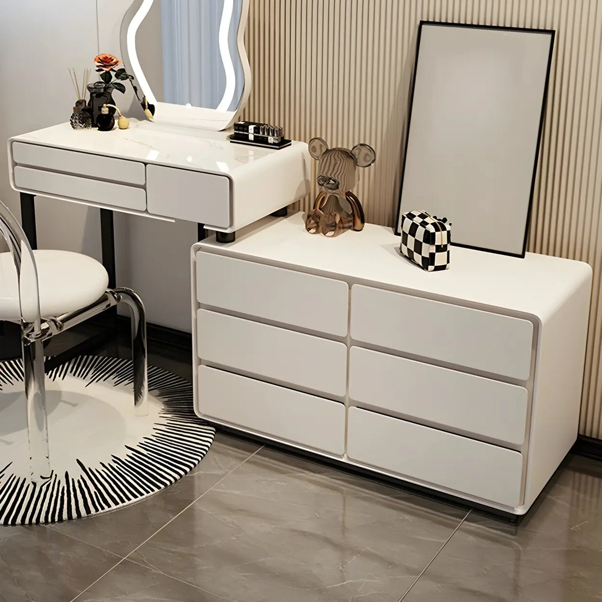 White Wood Stone Makeup Vanity with Drawers and Seat Image - 2