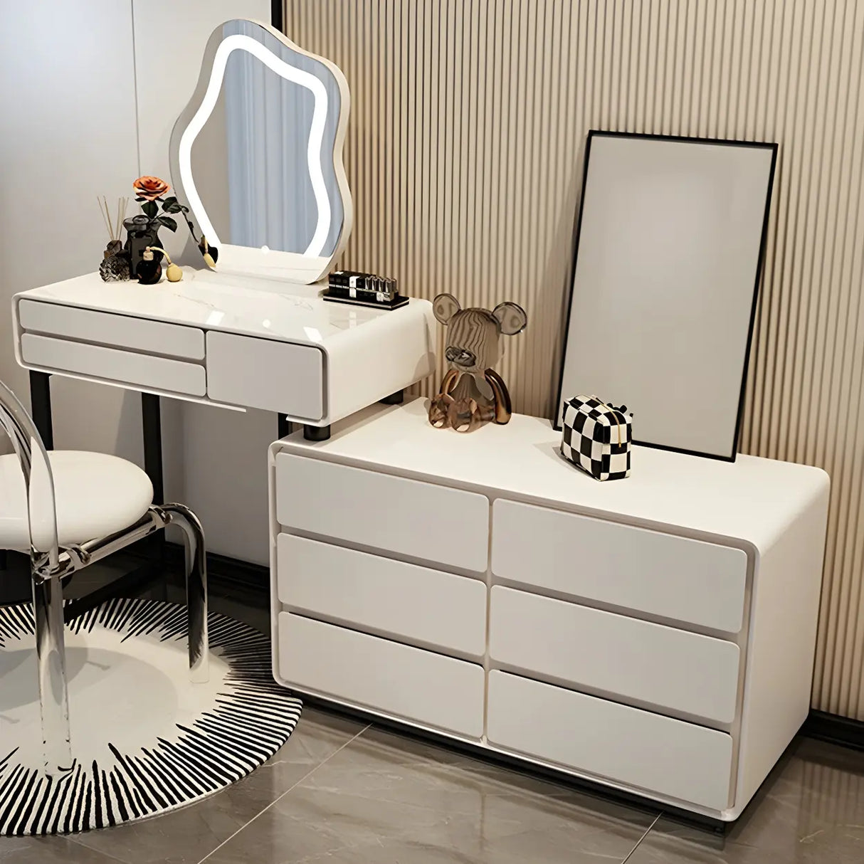 White Wood Stone Makeup Vanity with Drawers and Seat Image - 3