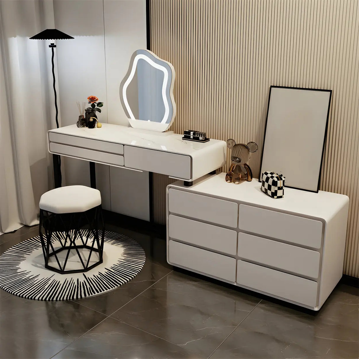 White Wood Stone Makeup Vanity with Drawers and Seat Image - 4