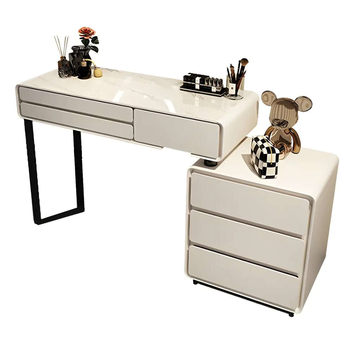 White Wood Stone Makeup Vanity with Drawers and Seat Image - 5
