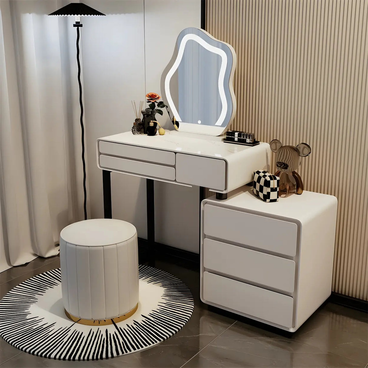 White Wood Stone Makeup Vanity with Drawers and Seat Image - 6