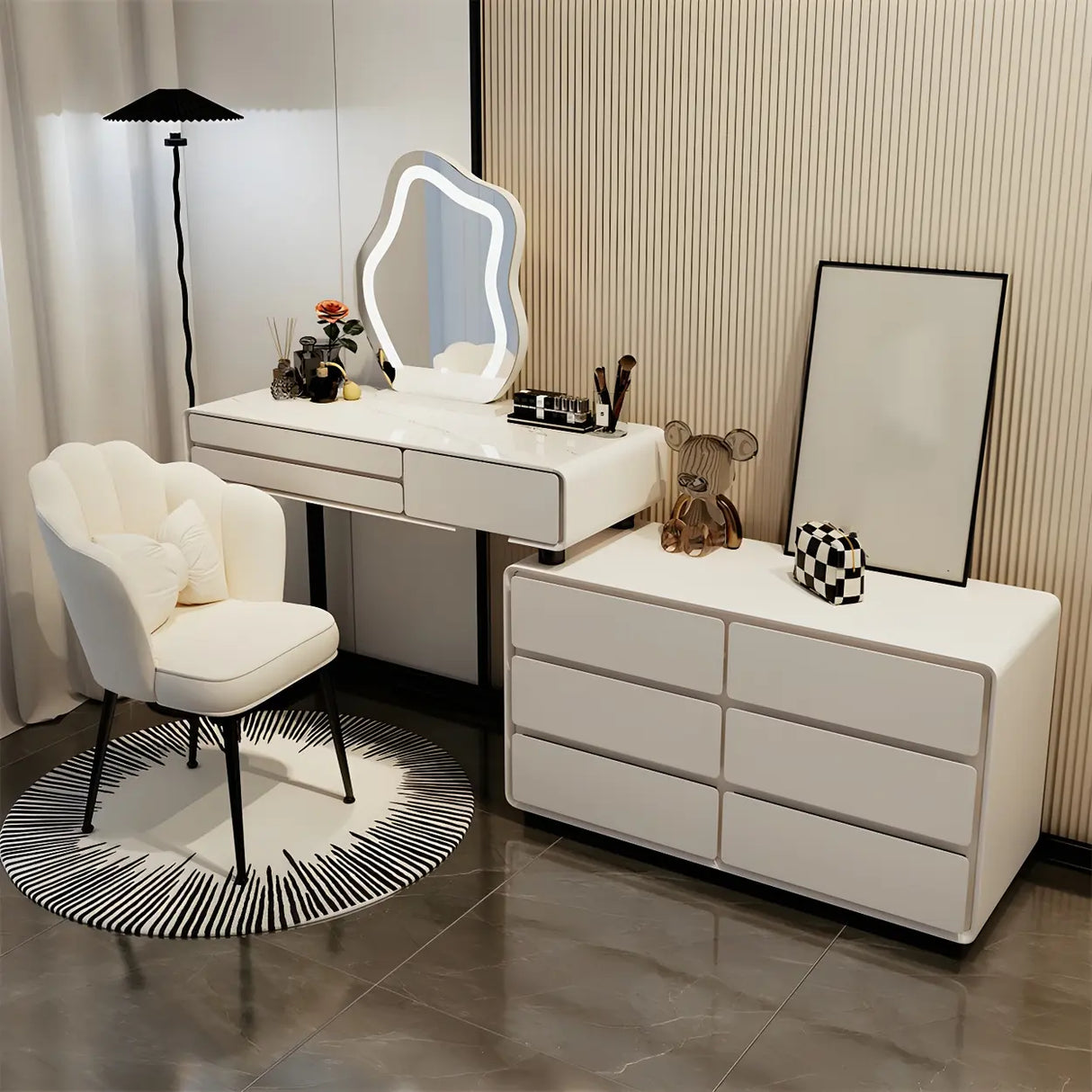 White Wood Stone Makeup Vanity with Drawers and Seat Image - 7