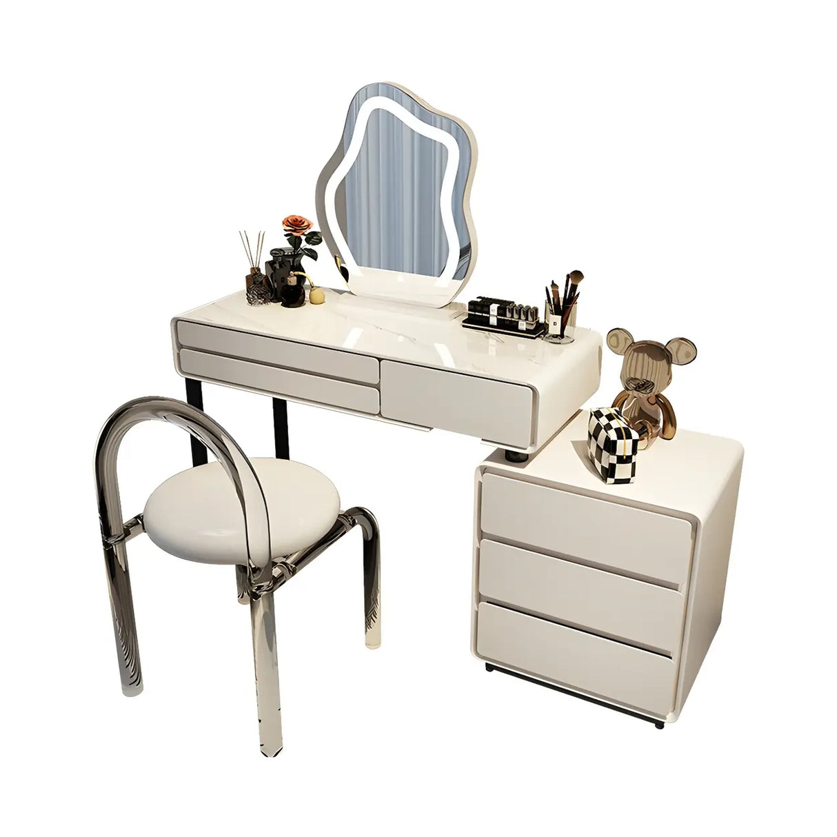 White Wood Stone Makeup Vanity with Drawers and Seat Image - 8