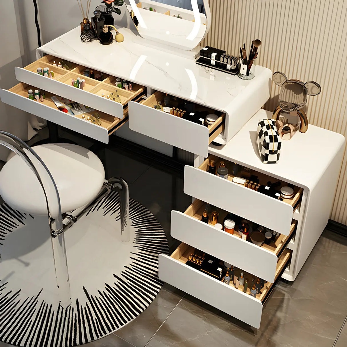 White Wood Stone Makeup Vanity with Drawers and Seat Image - 9