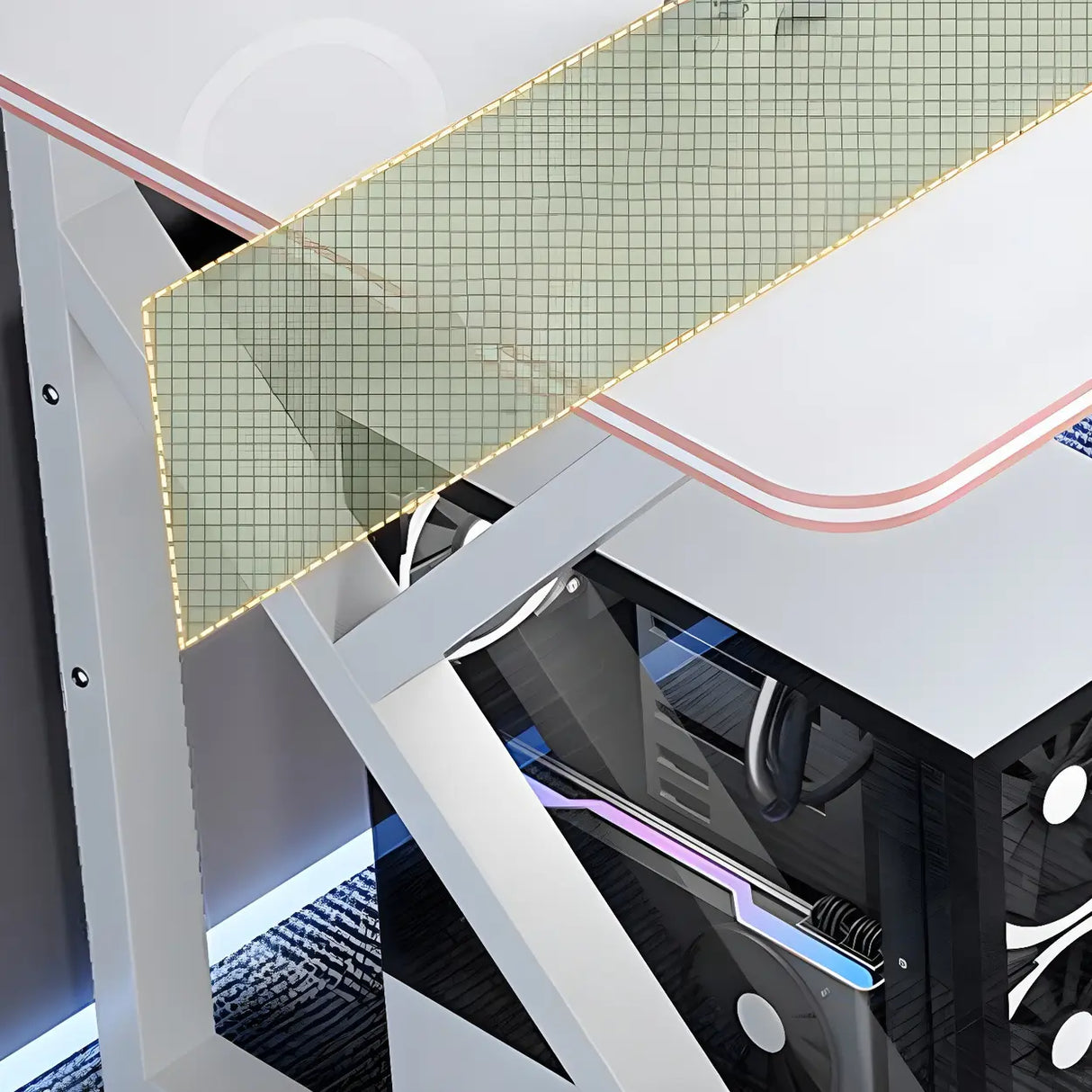 White Wood Storage Steel Trestle Curved Computer Desk Image - 11