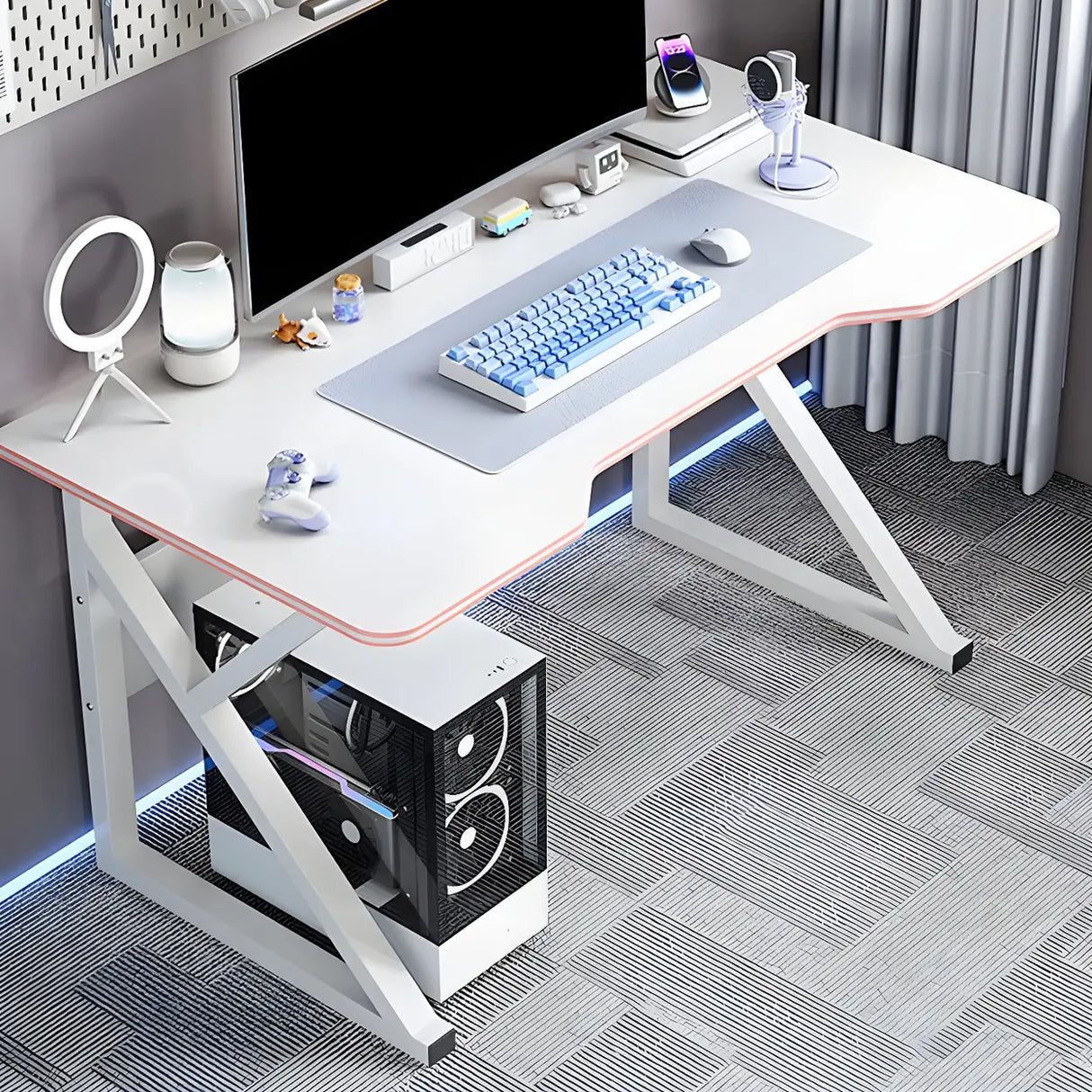 White Wood Storage Steel Trestle Curved Computer Desk Image - 4