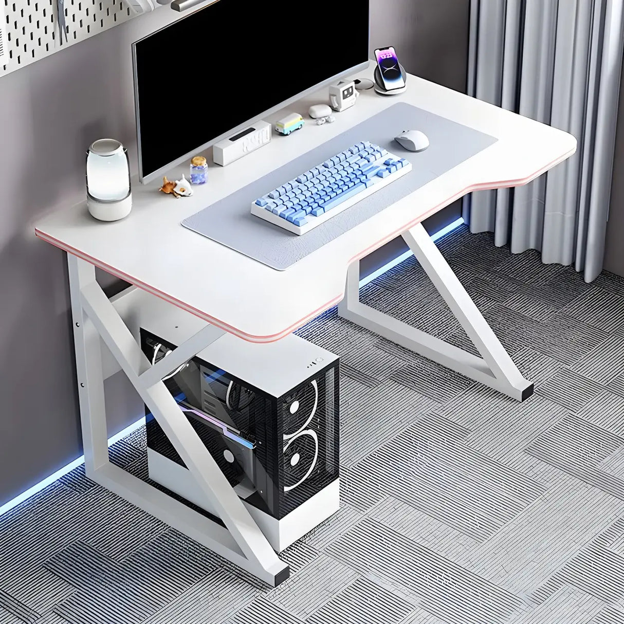 White Wood Storage Steel Trestle Curved Computer Desk Image - 5