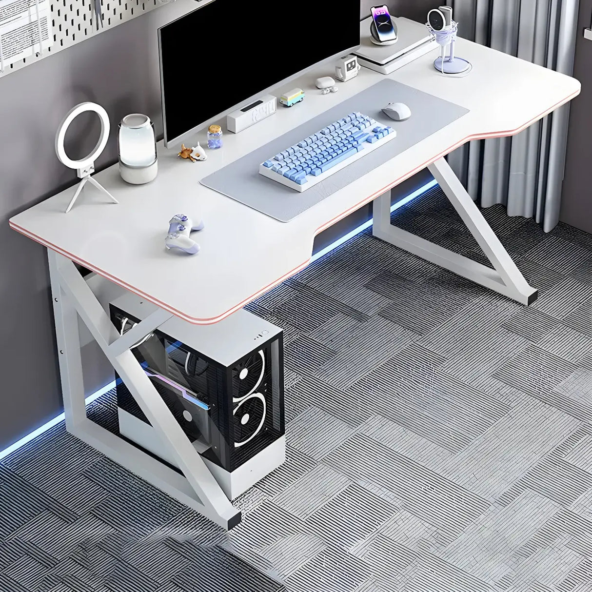 White Wood Storage Steel Trestle Curved Computer Desk Image - 7
