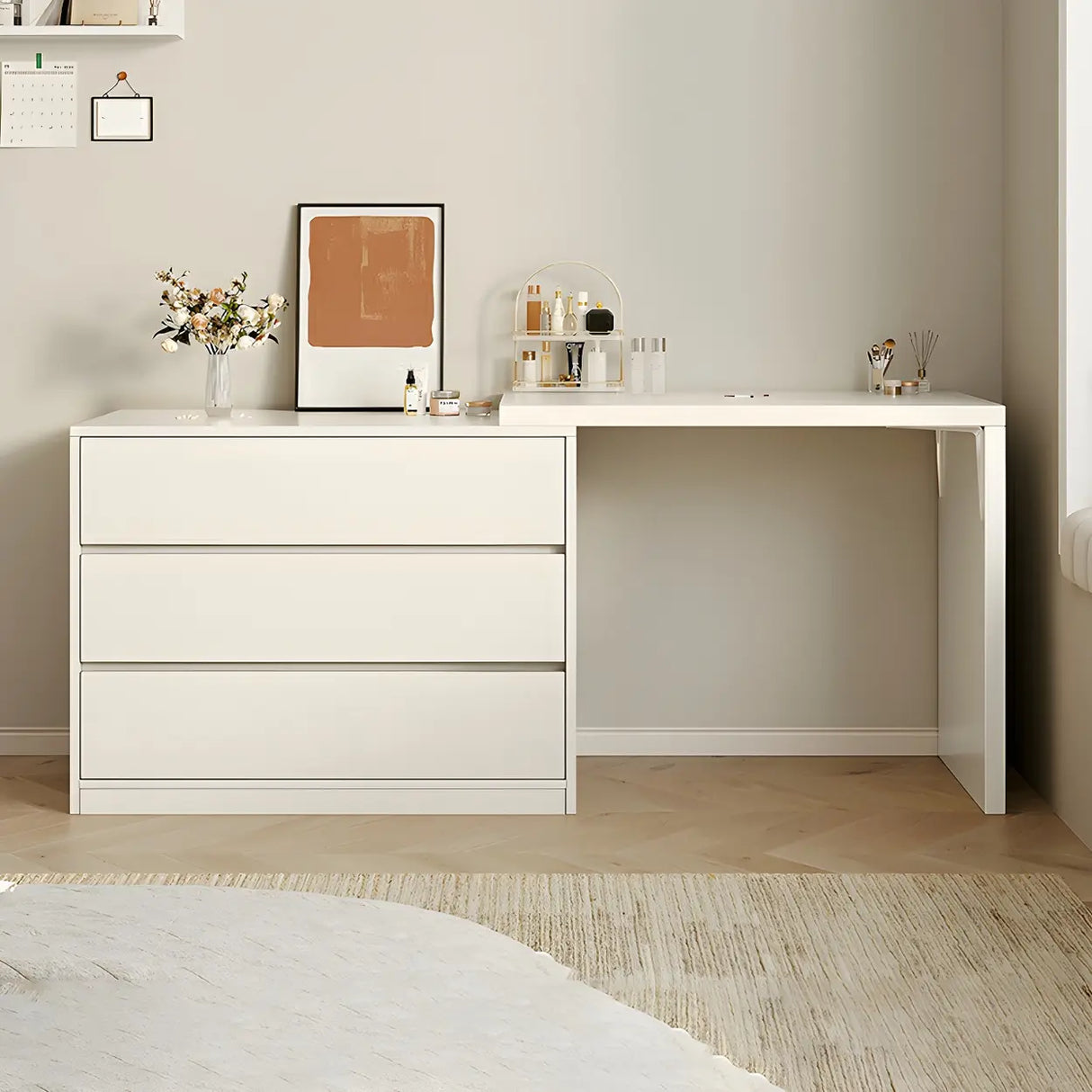 White Wood Width Standard Makeup Vanity with Drawers Image - 2