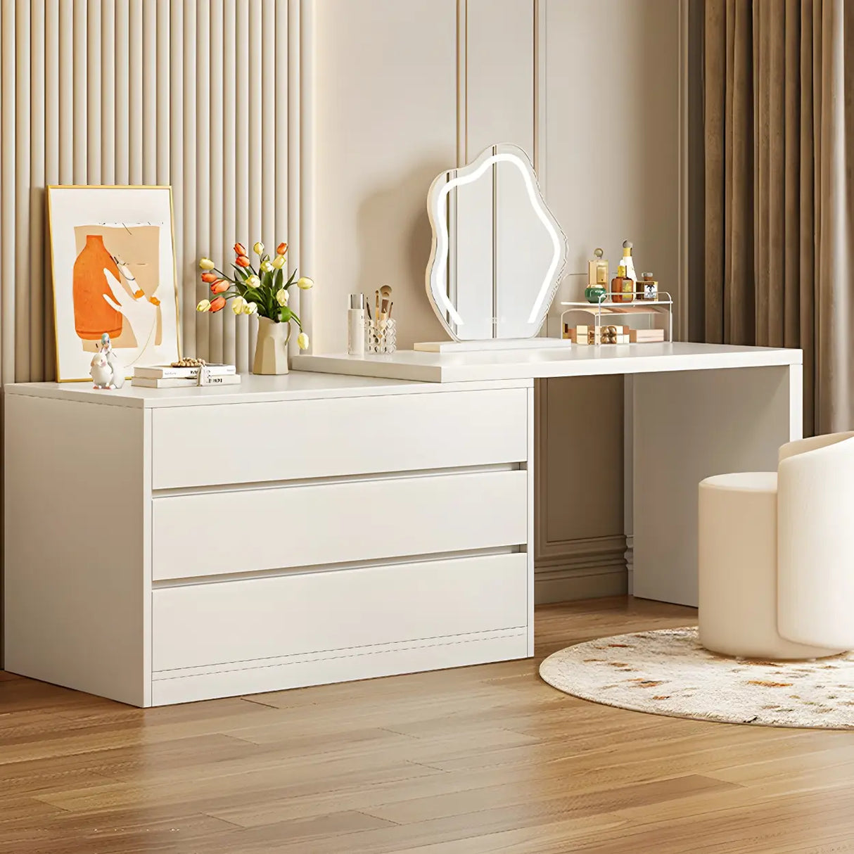 White Wood Width Standard Makeup Vanity with Drawers Image - 6