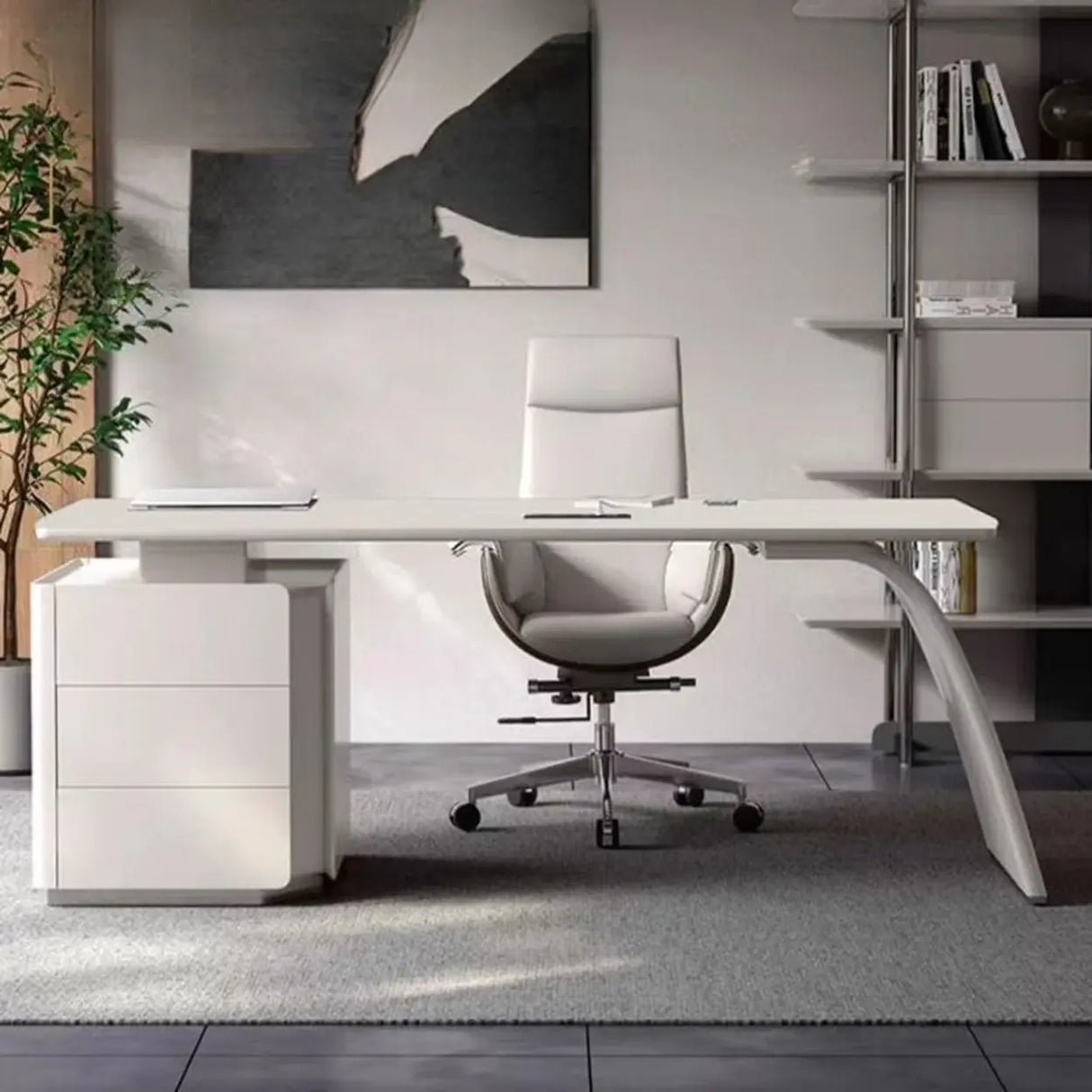 White Wooden Computer Desk with Drawers and Storage Image - 1