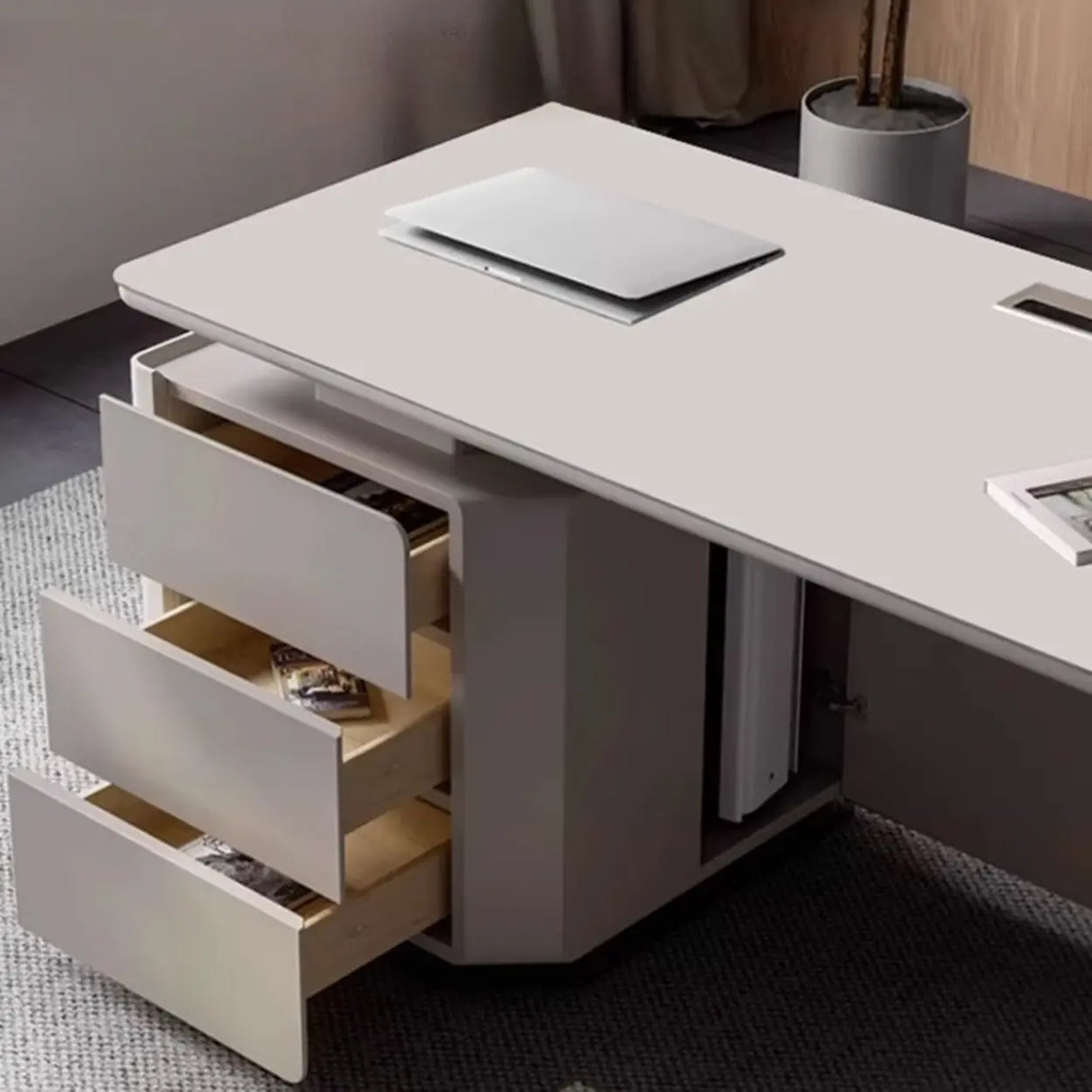 White Wooden Computer Desk with Drawers and Storage Image - 6