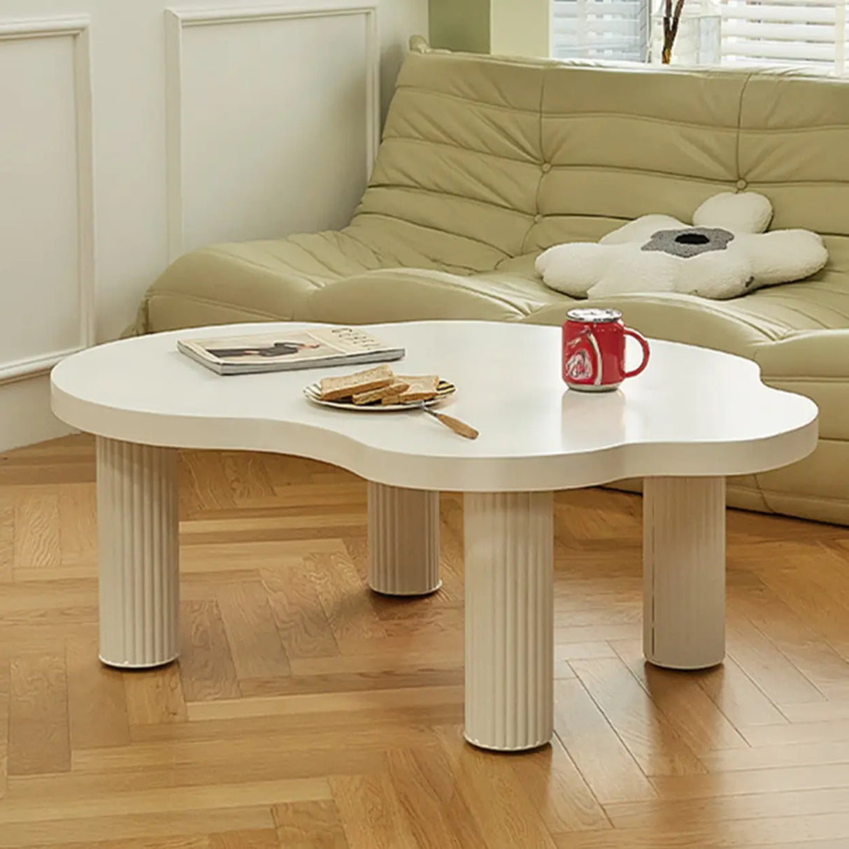 White Wooden Free Form Coffee Table with Four Legs Image - 4