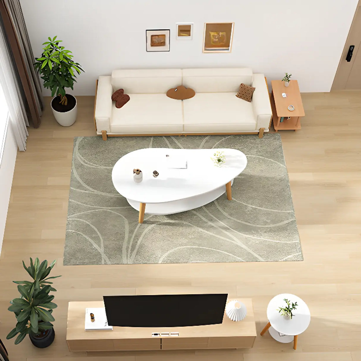 White Wooden Free Form Coffee Table with Shelf Image - 1