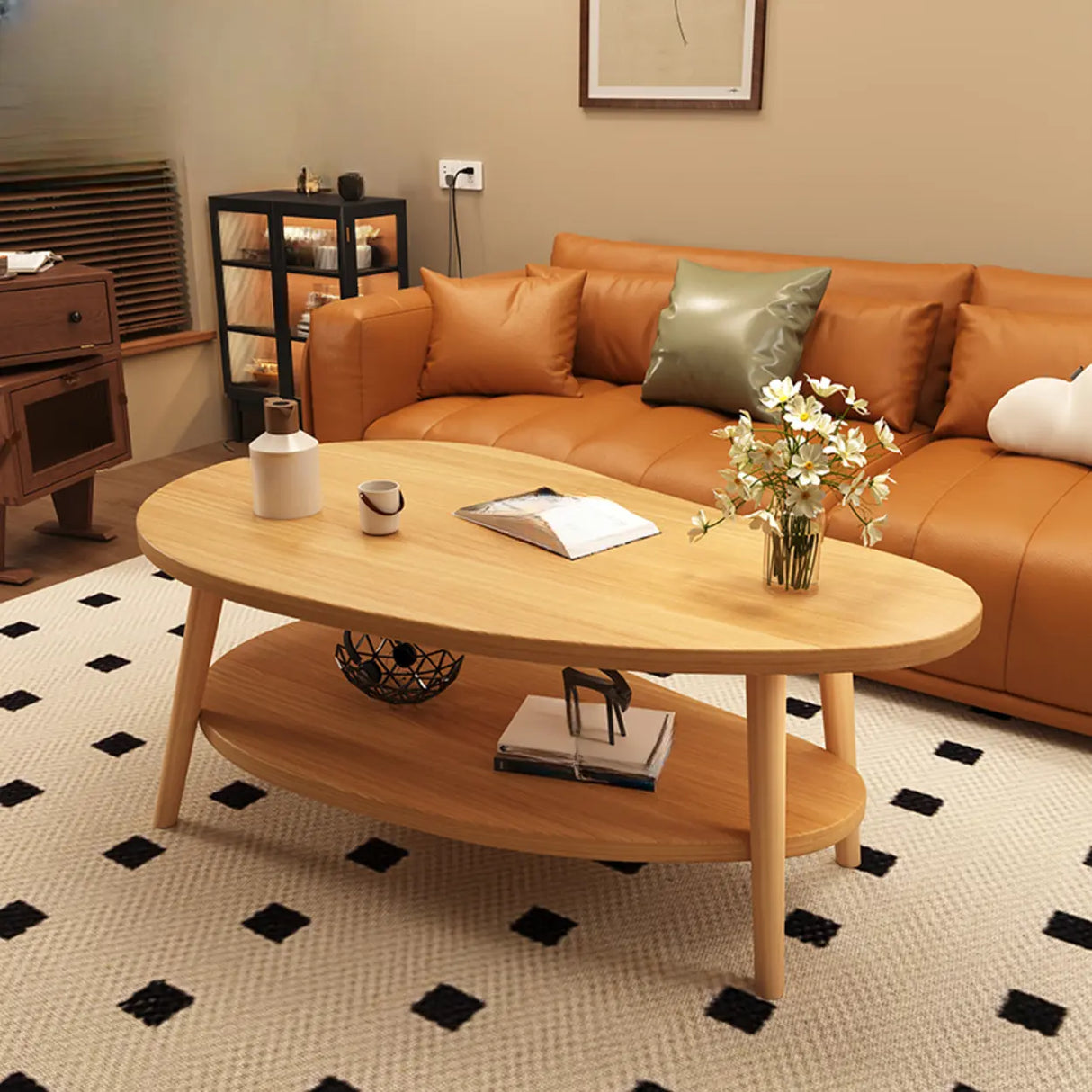 White Wooden Free Form Coffee Table with Shelf Image - 2