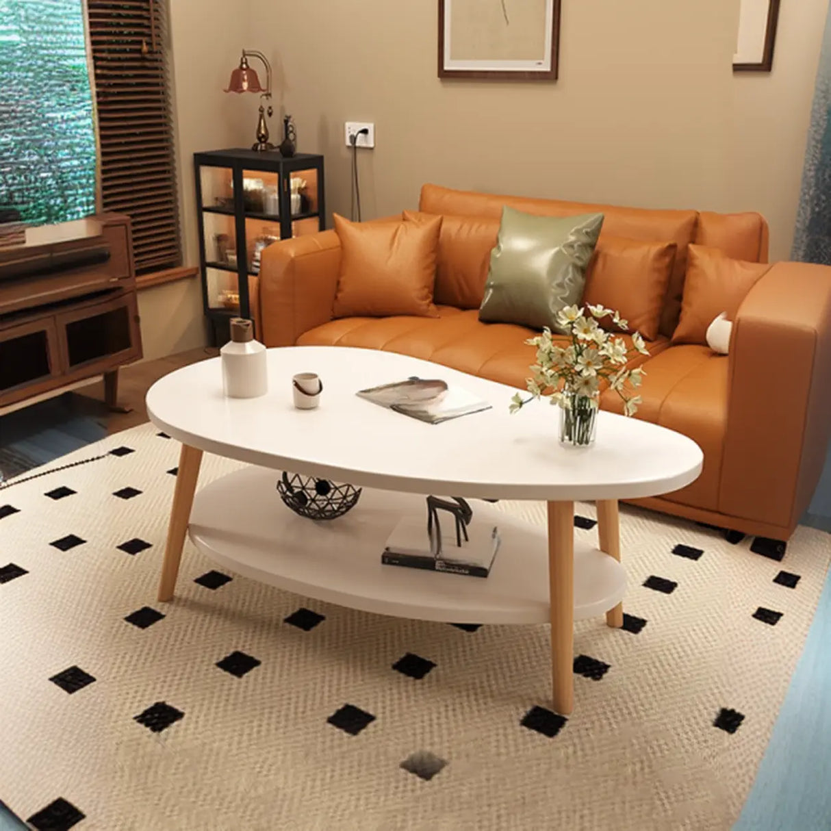 White Wooden Free Form Coffee Table with Shelf Image - 3