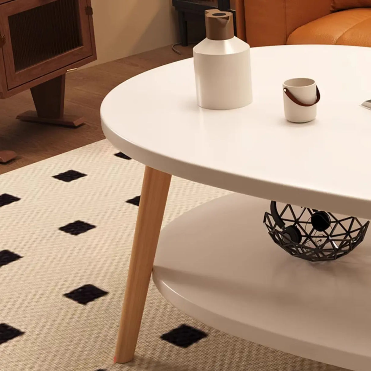 White Wooden Free Form Coffee Table with Shelf Image - 6