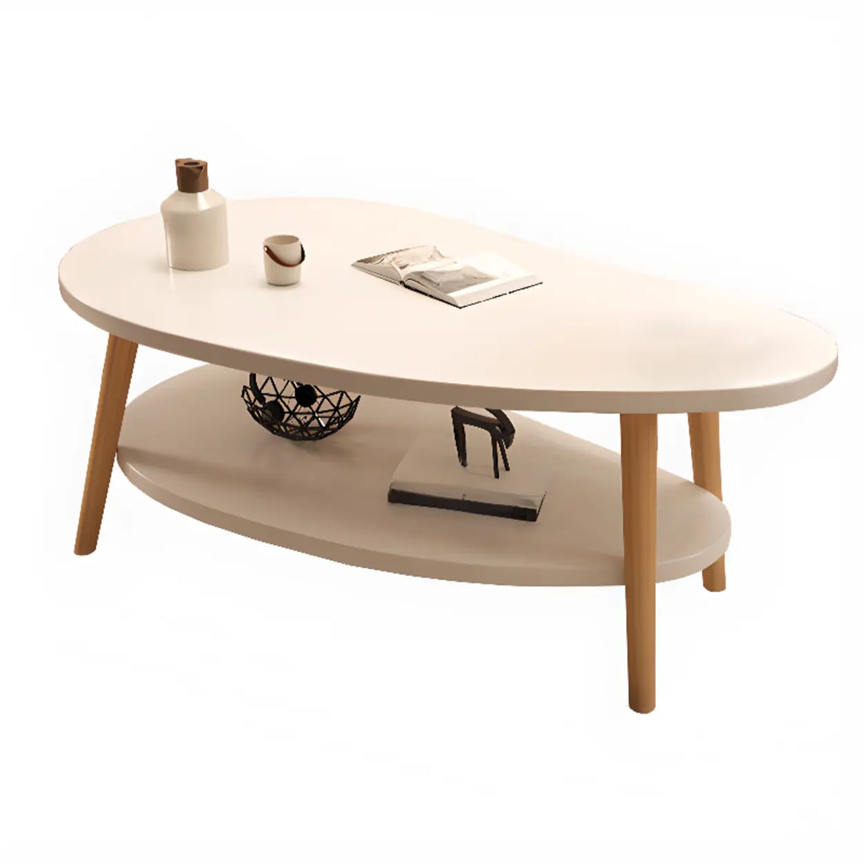 White Wooden Free Form Coffee Table with Shelf Image - 7