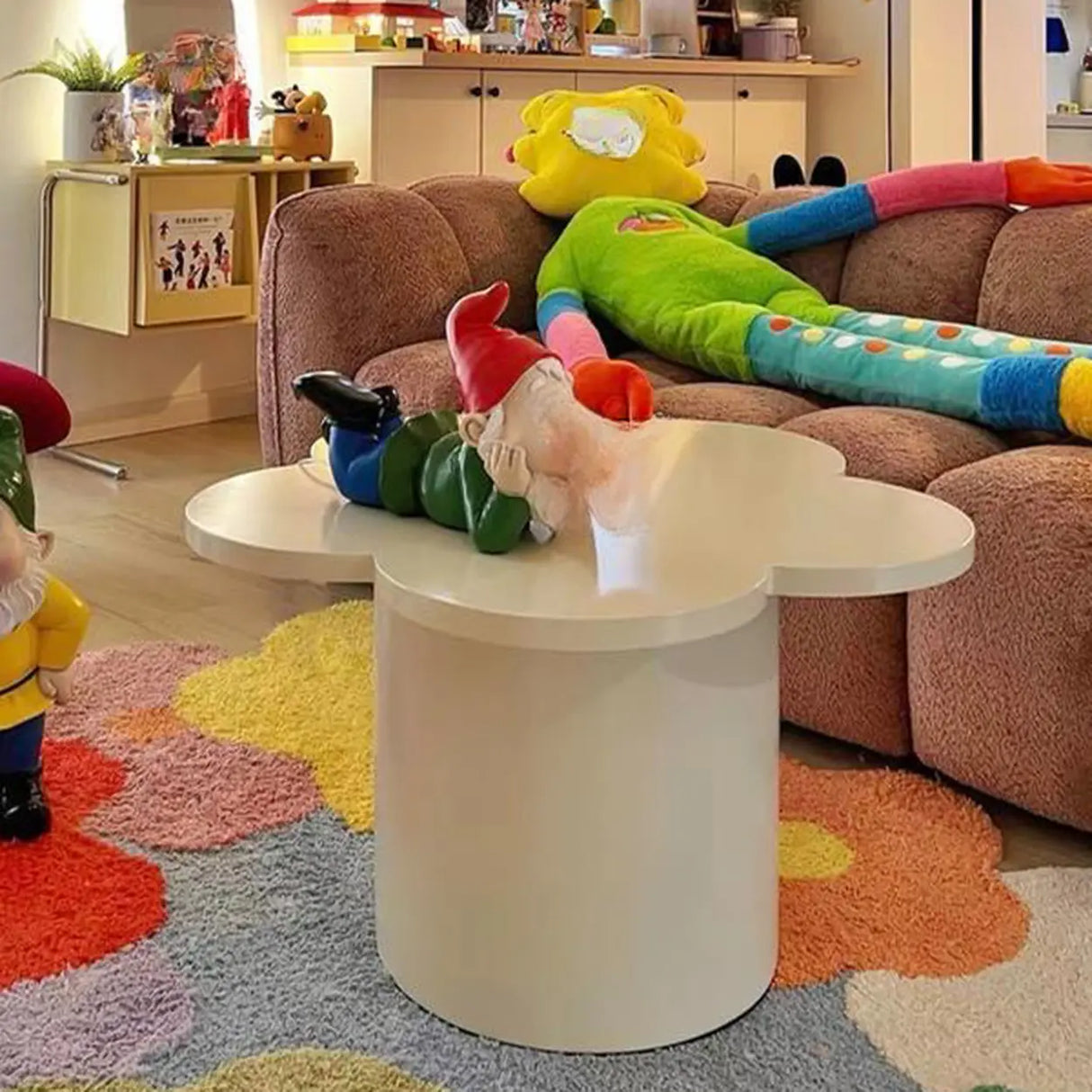 White Wooden Free Form Flower Shape Coffee Table Image - 13