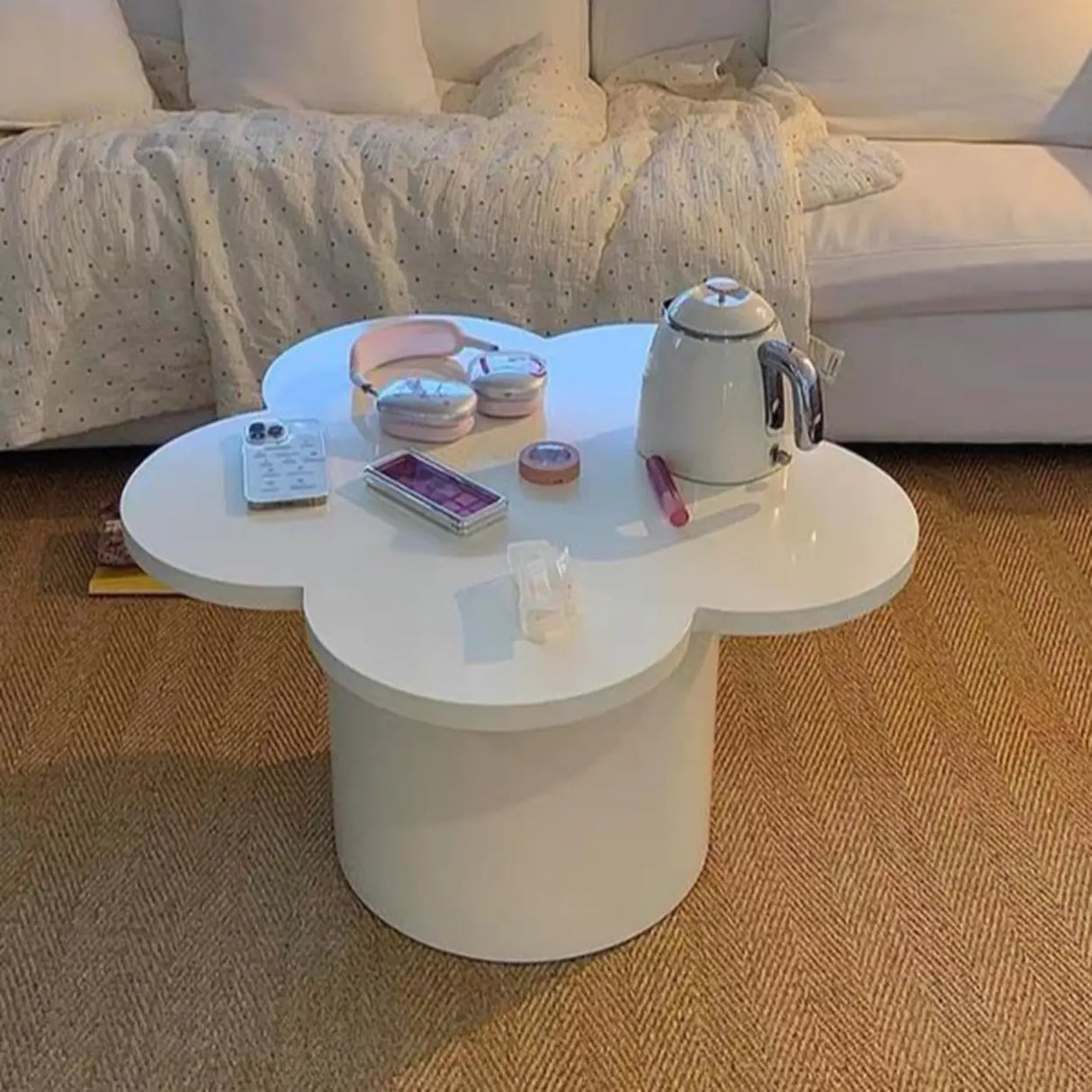 White Wooden Free Form Flower Shape Coffee Table Image - 5