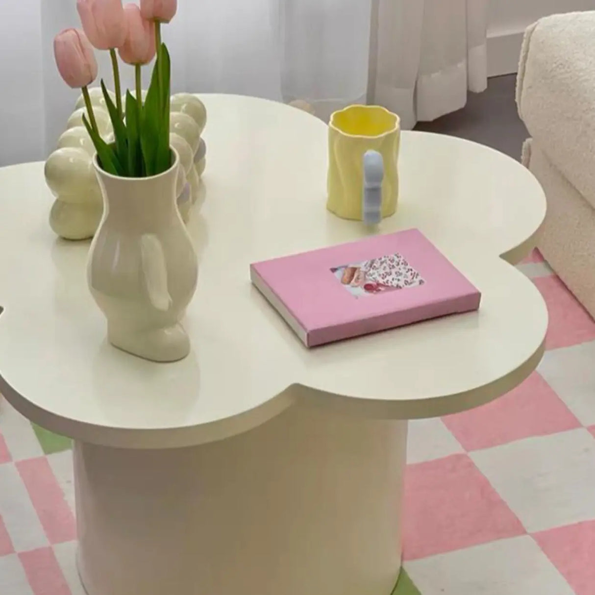 White Wooden Free Form Flower Shape Coffee Table Image - 9