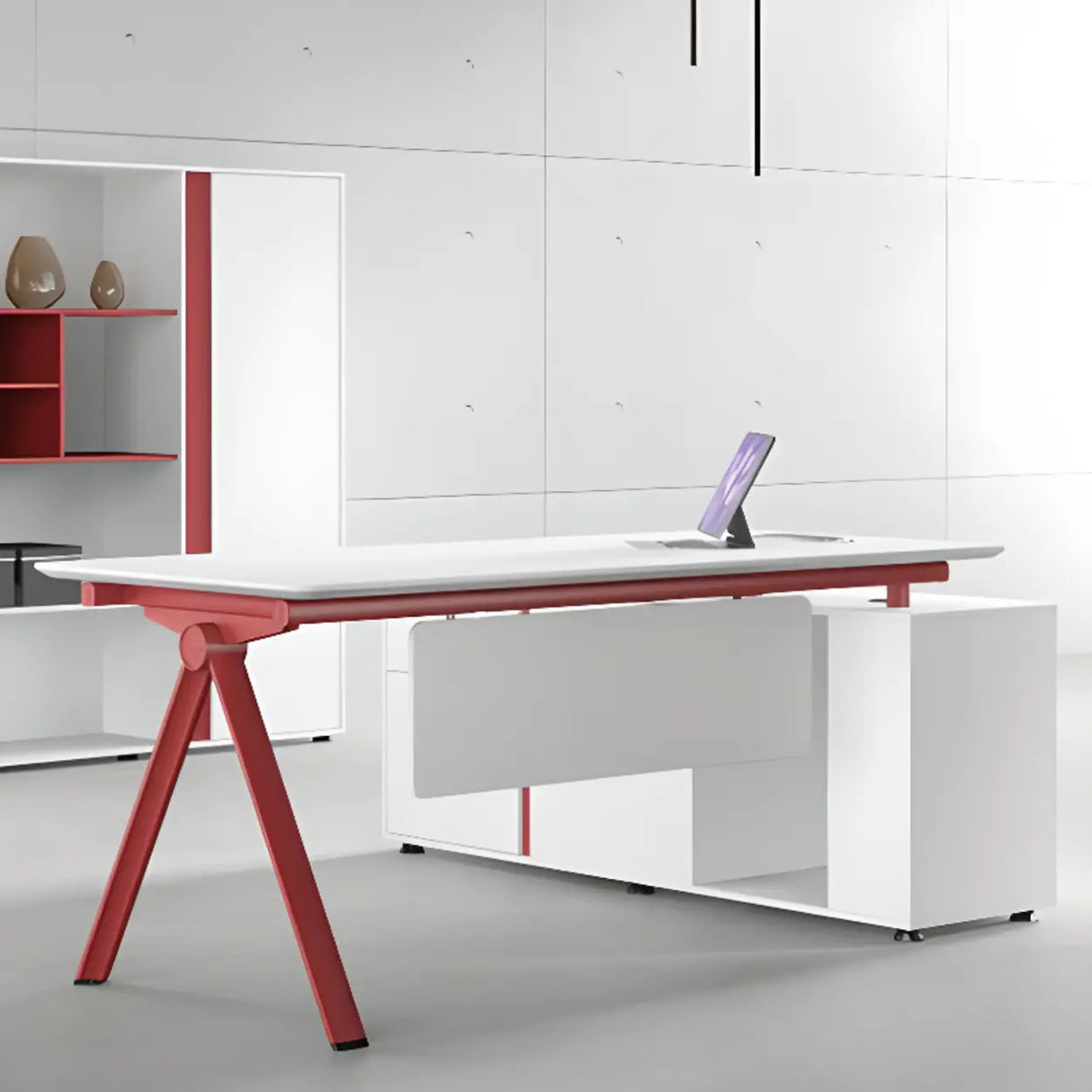 White Wooden L-Shape Red Base Executive Desk Image - 1