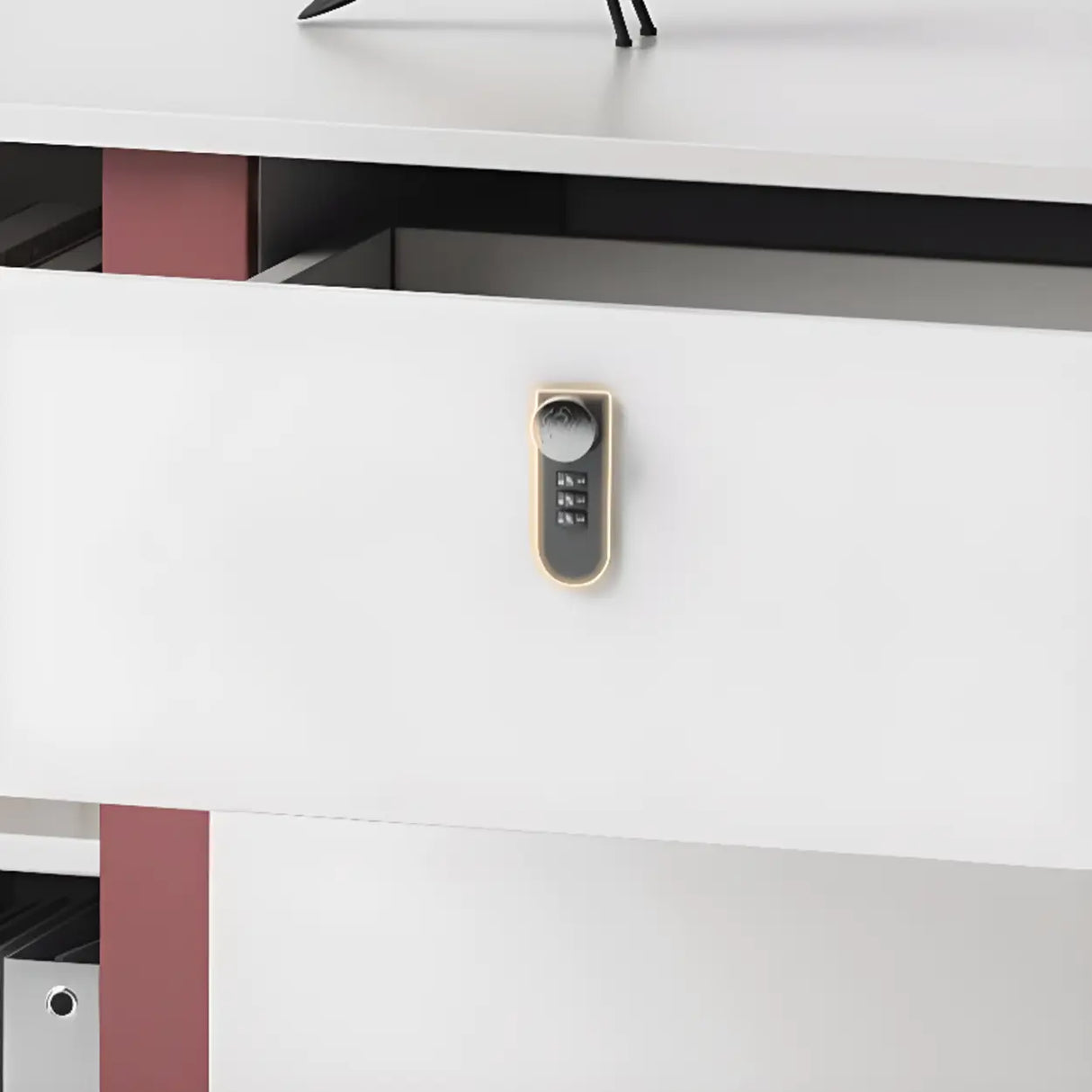 White Wooden L-Shape Red Base Executive Desk Image - 11