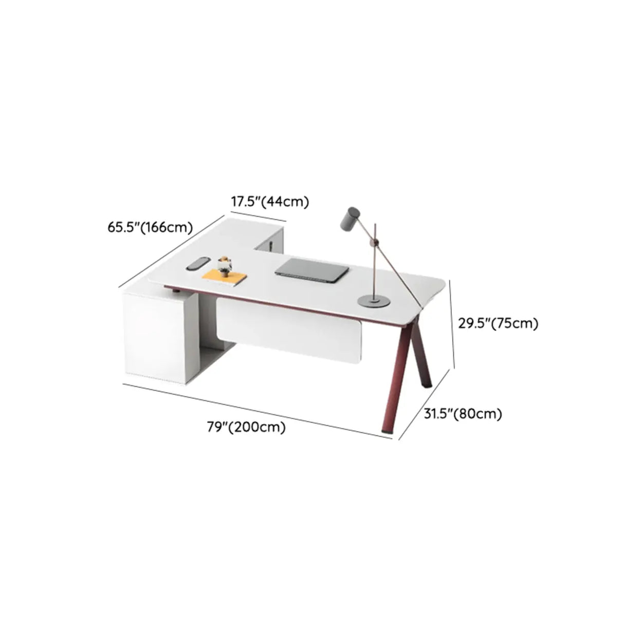 White Wooden L-Shape Red Base Executive Desk