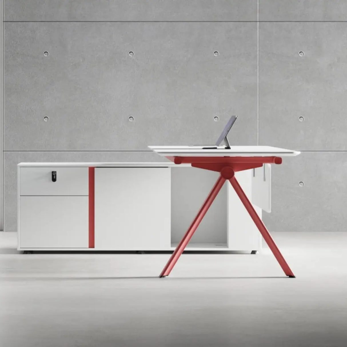 White Wooden L-Shape Red Base Executive Desk Image - 2