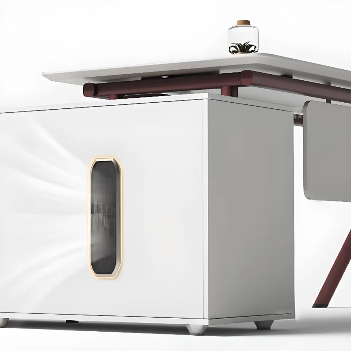 White Wooden L-Shape Red Base Executive Desk Image - 3