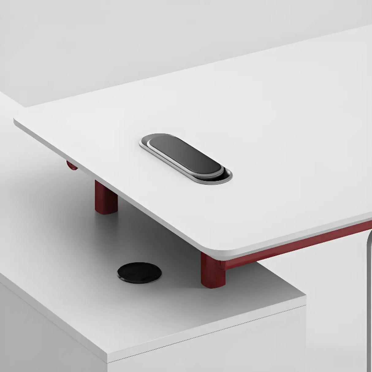 White Wooden L-Shape Red Base Executive Desk Image - 4
