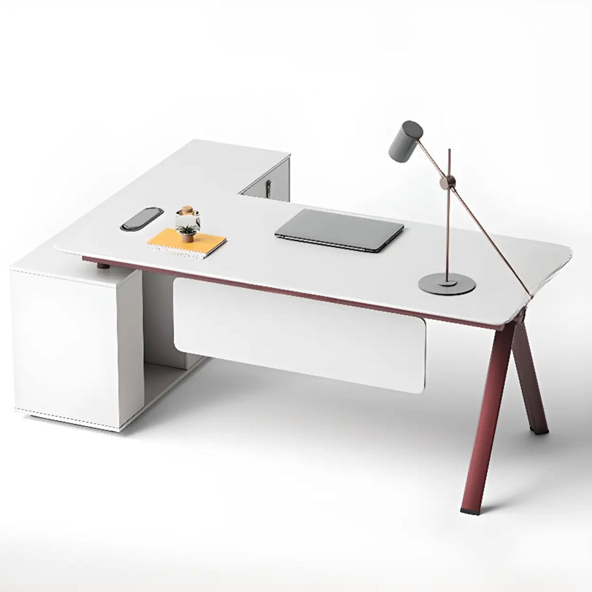 White Wooden L-Shape Red Base Executive Desk Image - 5