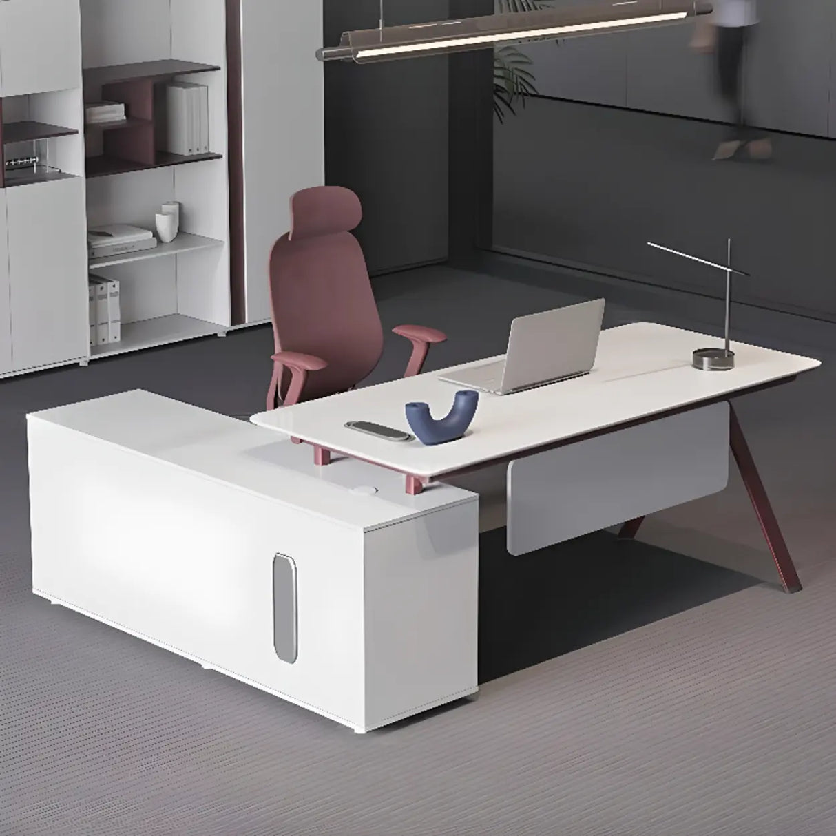 White Wooden L-Shape Red Base Executive Desk Image - 6