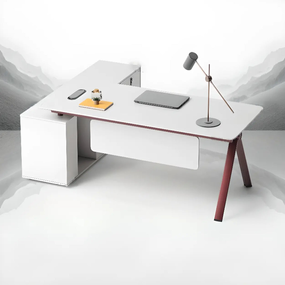 White Wooden L-Shape Red Base Executive Desk Image - 8