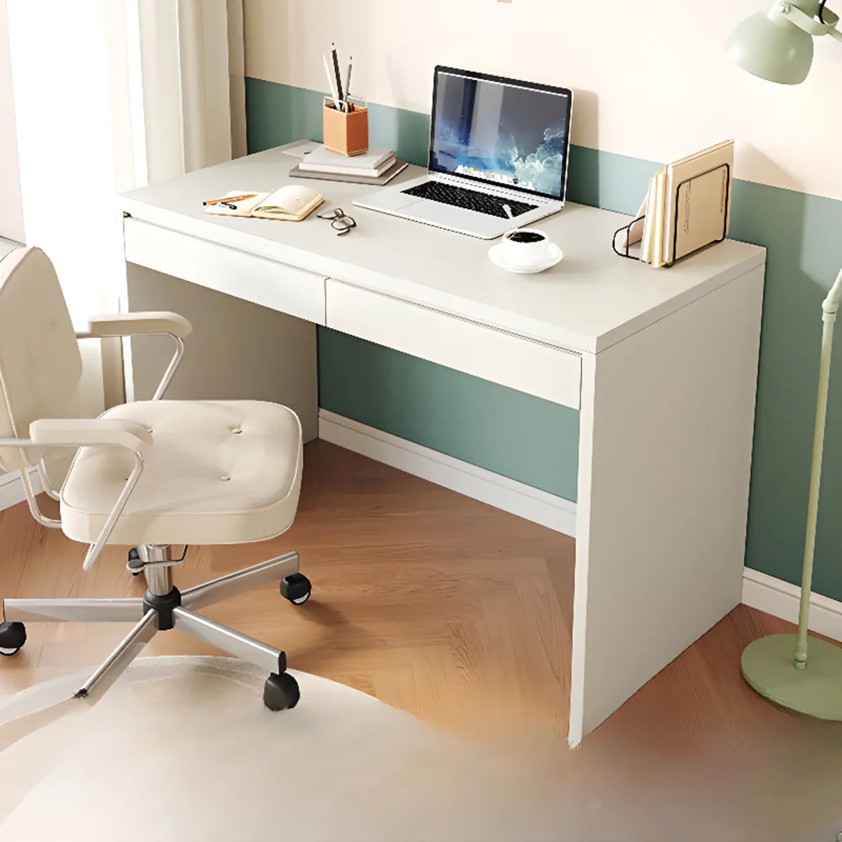 White Wooden Rectangular Single Desk with Drawers Image - 1
