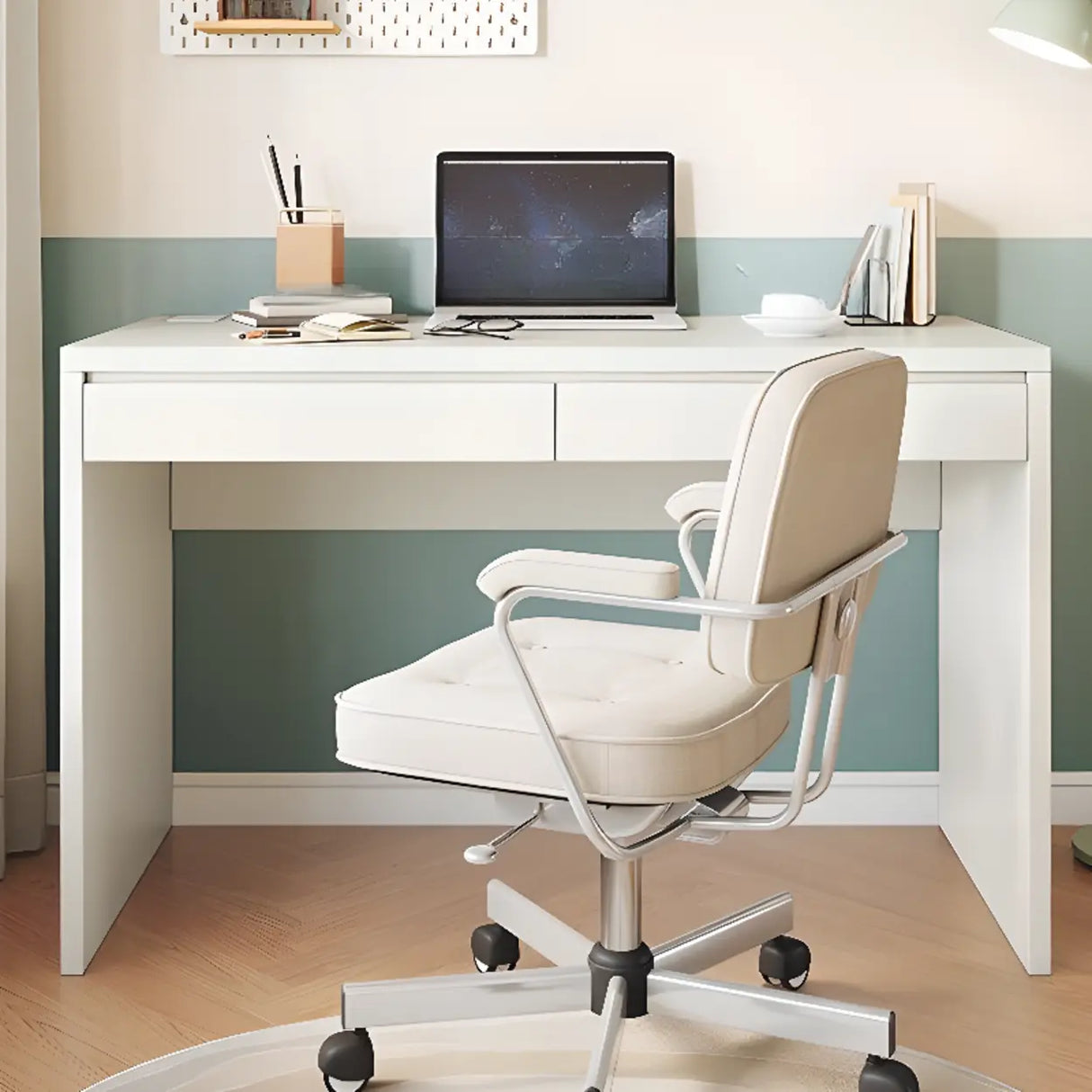 White Wooden Rectangular Single Desk with Drawers Image - 2