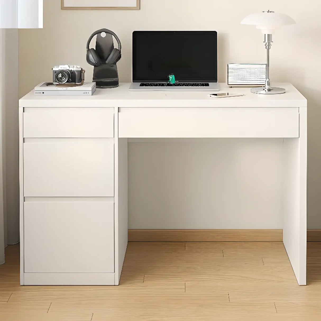 White Wooden Rectangular Single Desk with Drawers Image - 3